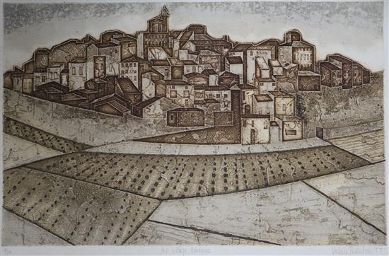 Valerie Thornton, coloured aquatint, Hill village, Navarre, signed and dated 77, 11/150, 30 x 47cm, unframed